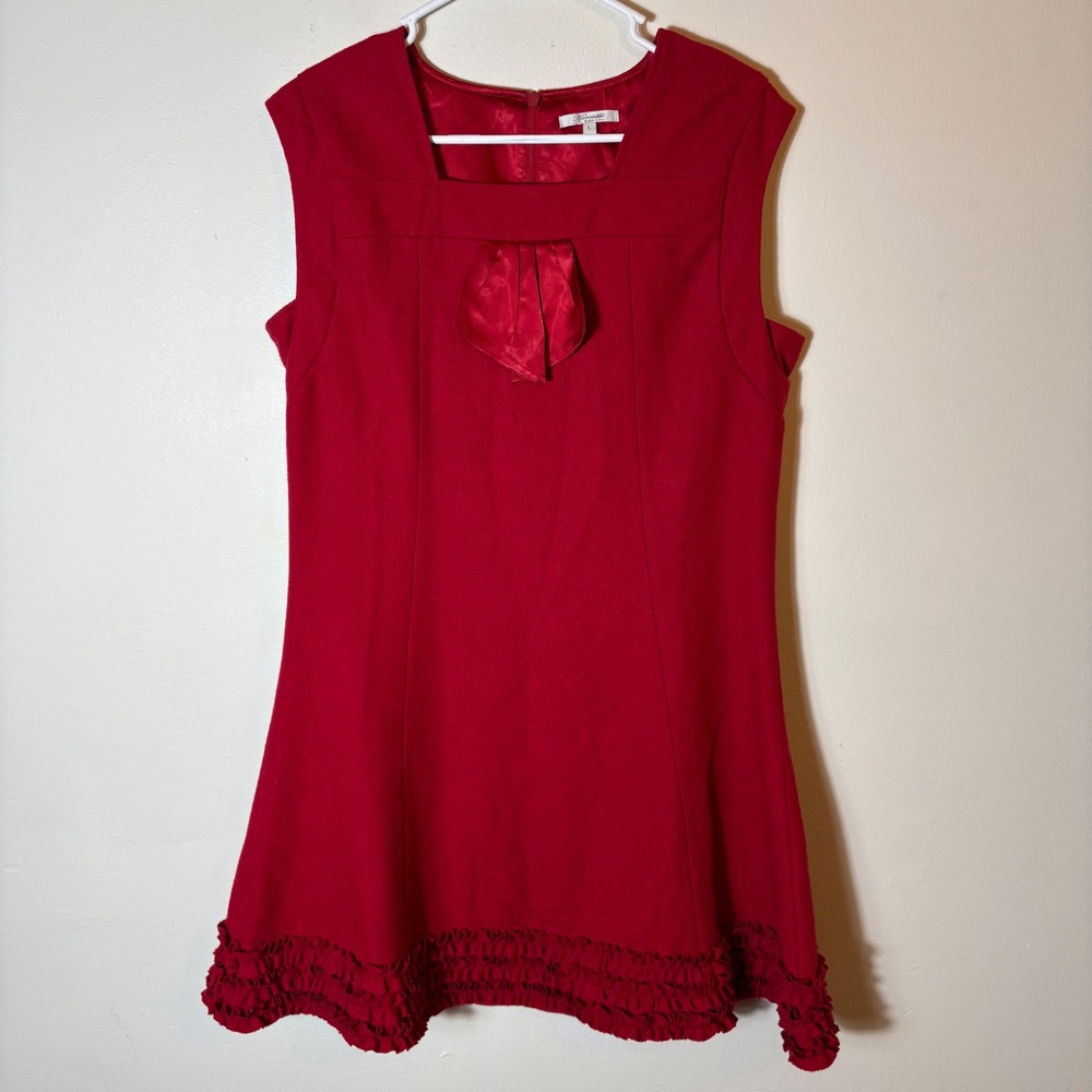 Hercastle Paris Red Wool‎ Blend Shift Dress Ruffle Hem Bow Detail Size Large